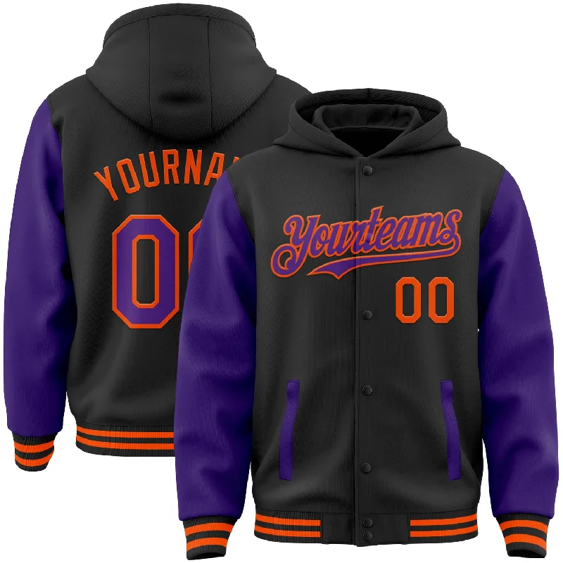 Fishing rod travel sleeve-Custom Black Purple-Orange Bomber Full-Snap Varsity Letterman Two Tone Hoodie Jacket