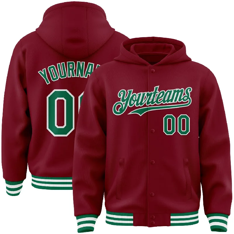 Fishing line winder-Custom Crimson Kelly Green-White Bomber Full-Snap Varsity Letterman Hoodie Jacket