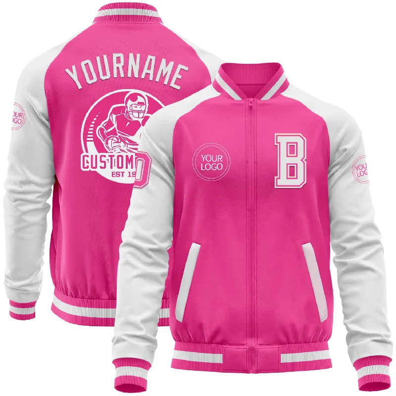 Fishing tackle container-Custom Pink White Bomber Varsity Letterman Two Tone Zipper Jacket