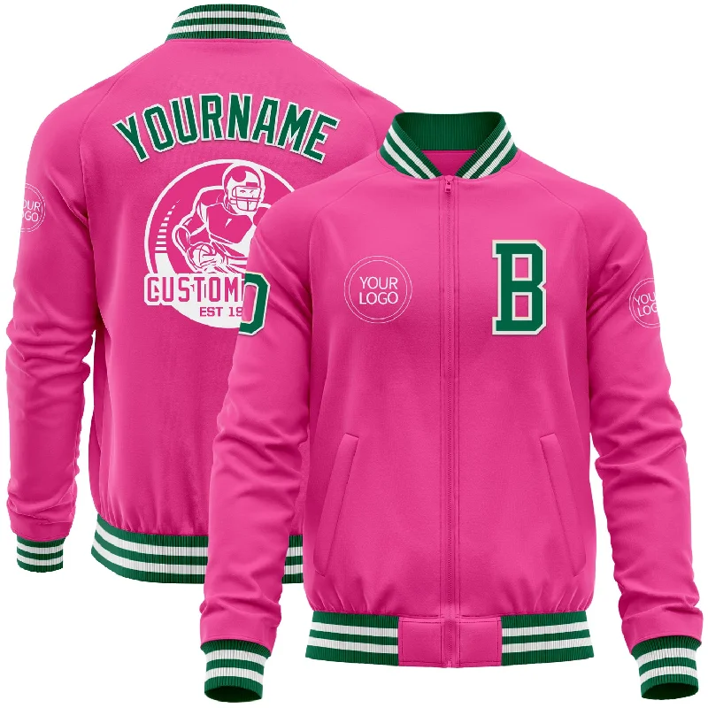 Fishing tackle wallet-Custom Pink Kelly Green-White Bomber Varsity Letterman Zipper Jacket