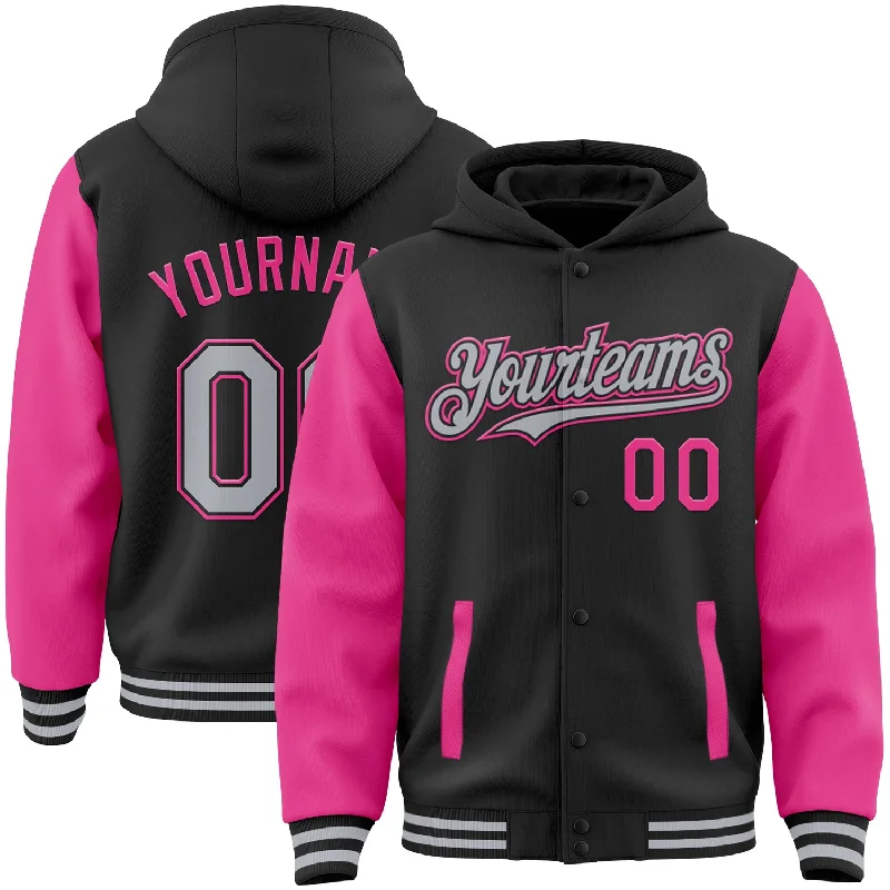 Fishing hook grinding device-Custom Black Gray-Pink Bomber Full-Snap Varsity Letterman Two Tone Hoodie Jacket