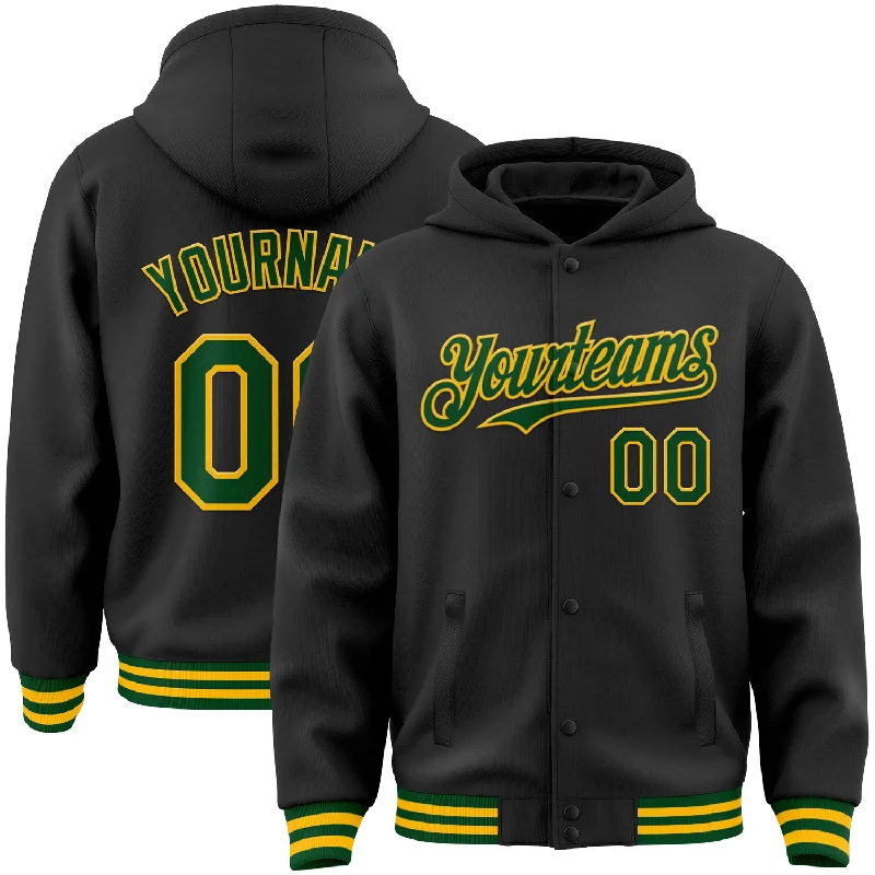 Fishing rod floor holder-Custom Black Green-Gold Bomber Full-Snap Varsity Letterman Hoodie Jacket