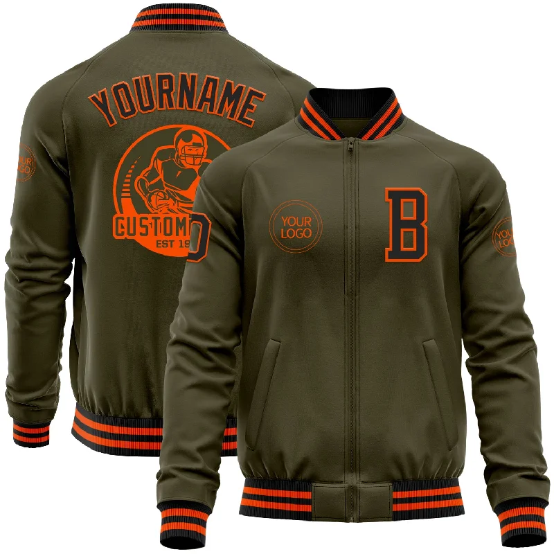 Fishing bait cutting device-Custom Olive Black-Orange Bomber Varsity Letterman Salute To Service Zipper Jacket