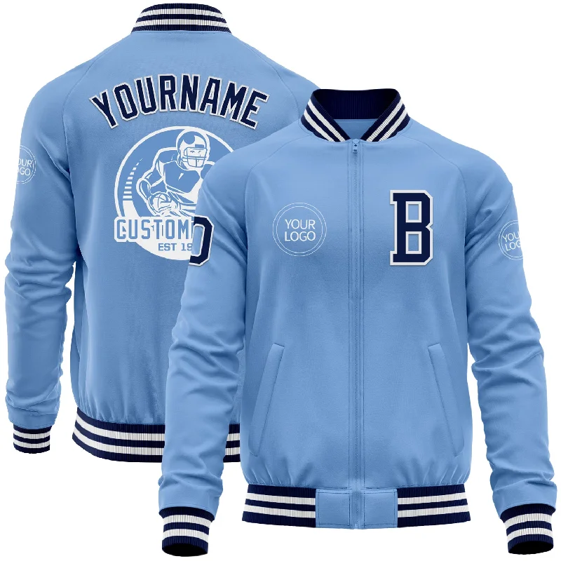 Fishing tackle repair tool-Custom Light Blue Navy-White Bomber Varsity Letterman Zipper Jacket