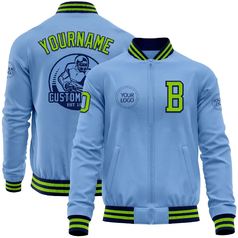 Fishing hook file-Custom Light Blue Neon Green-Navy Bomber Varsity Letterman Zipper Jacket