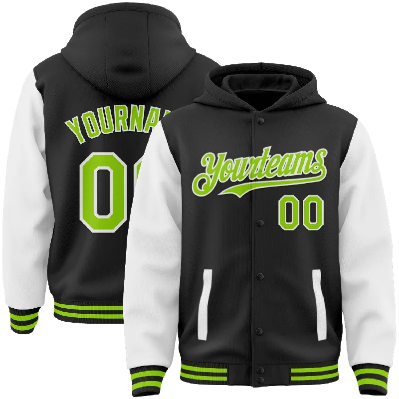 Fishing bait shaping mold-Custom Black Neon Green-White Bomber Full-Snap Varsity Letterman Two Tone Hoodie Jacket