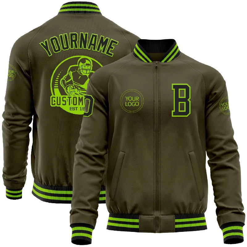 Fishing bait rolling device-Custom Olive Black-Neon Green Bomber Varsity Letterman Salute To Service Zipper Jacket