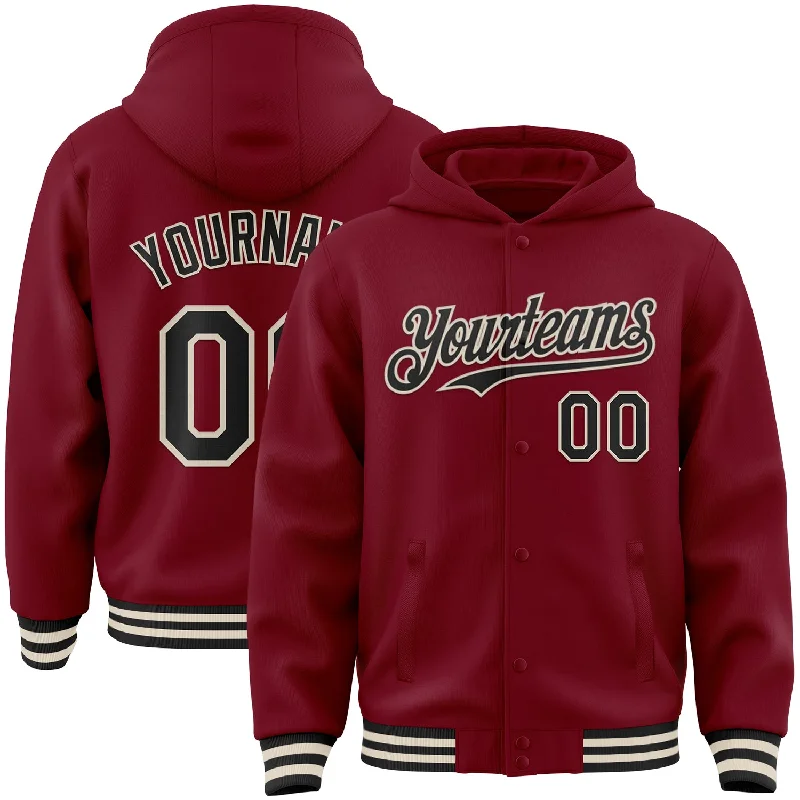 Fishing rod rest-Custom Crimson Black-Cream Bomber Full-Snap Varsity Letterman Hoodie Jacket