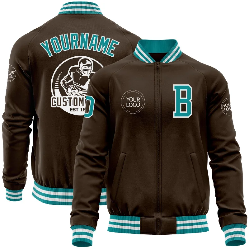 Fishing bait cutting kit-Custom Brown Teal-White Bomber Varsity Letterman Zipper Jacket