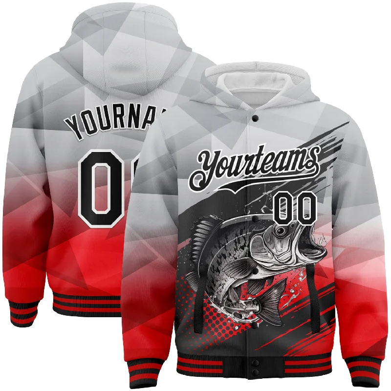 Fishing tackle cart-Custom Gray Black-Red Largemouth Bass Fish Fishing 3D Bomber Full-Snap Varsity Letterman Hoodie Jacket