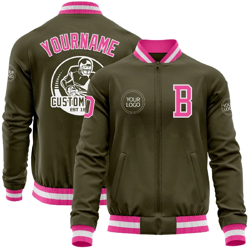 Fishing line spooler manual-Custom Olive Pink-White Bomber Varsity Letterman Salute To Service Zipper Jacket