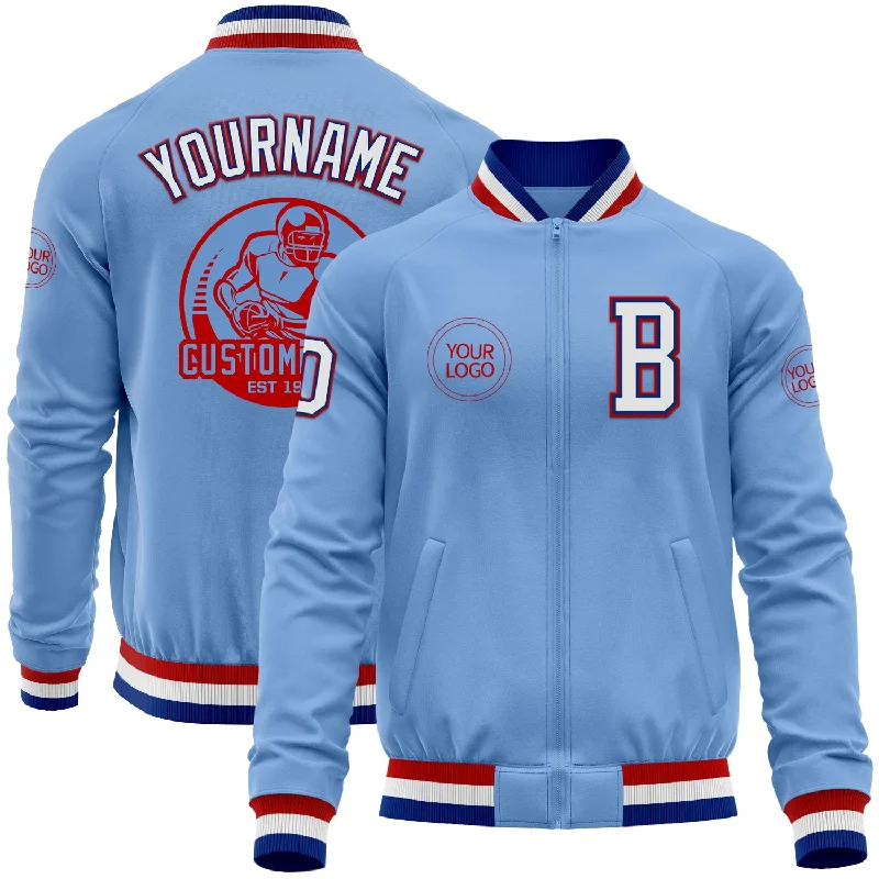 Fishing reel protective rack-Custom Light Blue Royal-Red Bomber Varsity Letterman Zipper Jacket