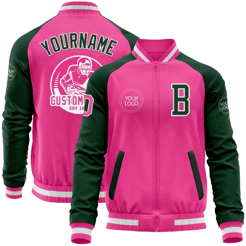 Fishing line winder machine-Custom Pink White-Green Bomber Varsity Letterman Two Tone Zipper Jacket