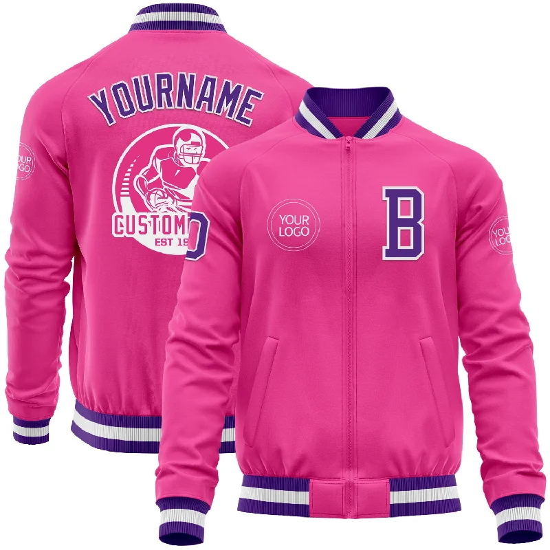 Fishing line remover-Custom Pink Purple-White Bomber Varsity Letterman Zipper Jacket