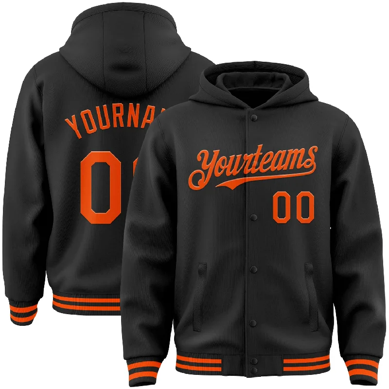 Fishing hook detaching tool-Custom Black Orange Bomber Full-Snap Varsity Letterman Hoodie Jacket