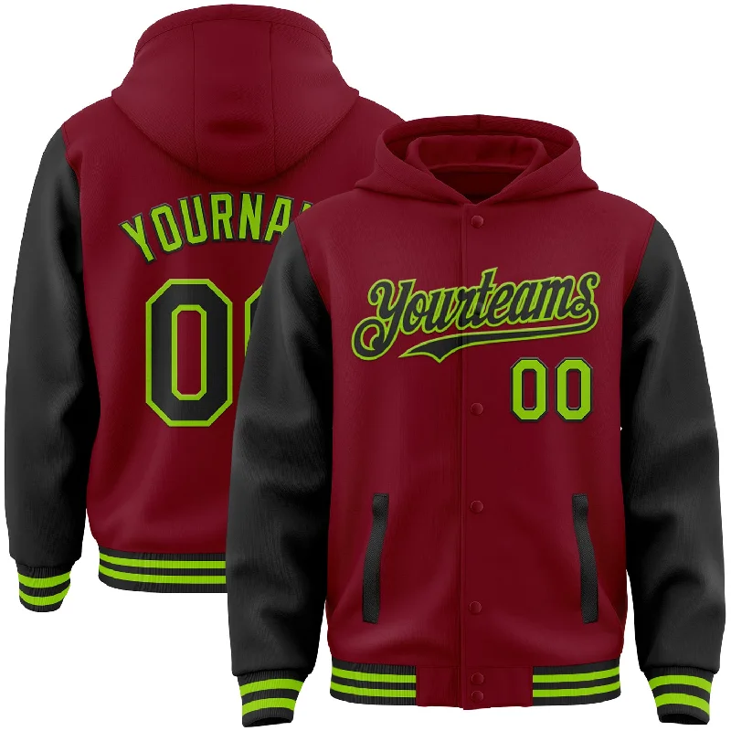 Fishing line clipper-Custom Crimson Black-Neon Green Bomber Full-Snap Varsity Letterman Two Tone Hoodie Jacket