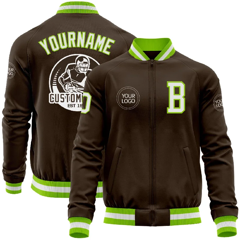 Fishing reel storage cover-Custom Brown White-Neon Green Bomber Varsity Letterman Zipper Jacket