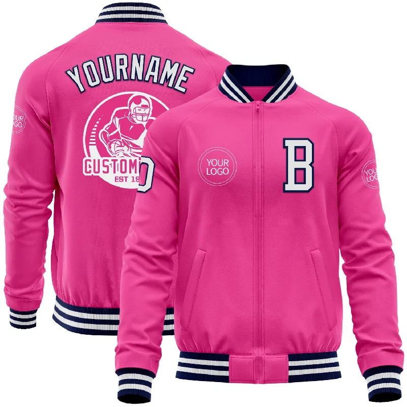 Fishing hook refinisher-Custom Pink White-Navy Bomber Varsity Letterman Zipper Jacket