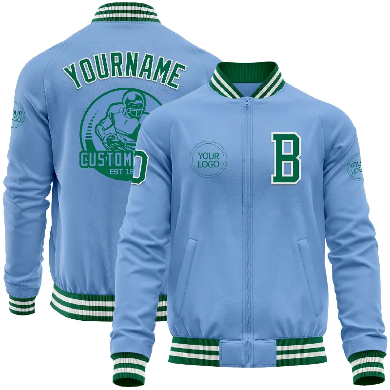 Fishing line winder-Custom Light Blue Kelly Green-White Bomber Varsity Letterman Zipper Jacket