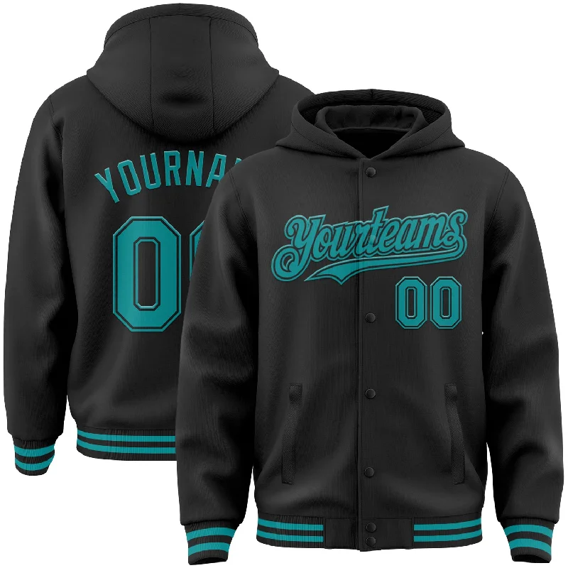 Fishing tackle rack system-Custom Black Teal Bomber Full-Snap Varsity Letterman Hoodie Jacket