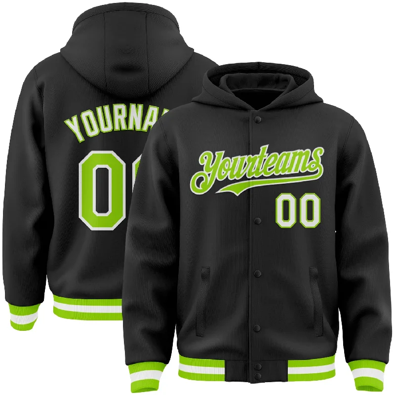 Fishing bait threading kit-Custom Black Neon Green-White Bomber Full-Snap Varsity Letterman Hoodie Jacket