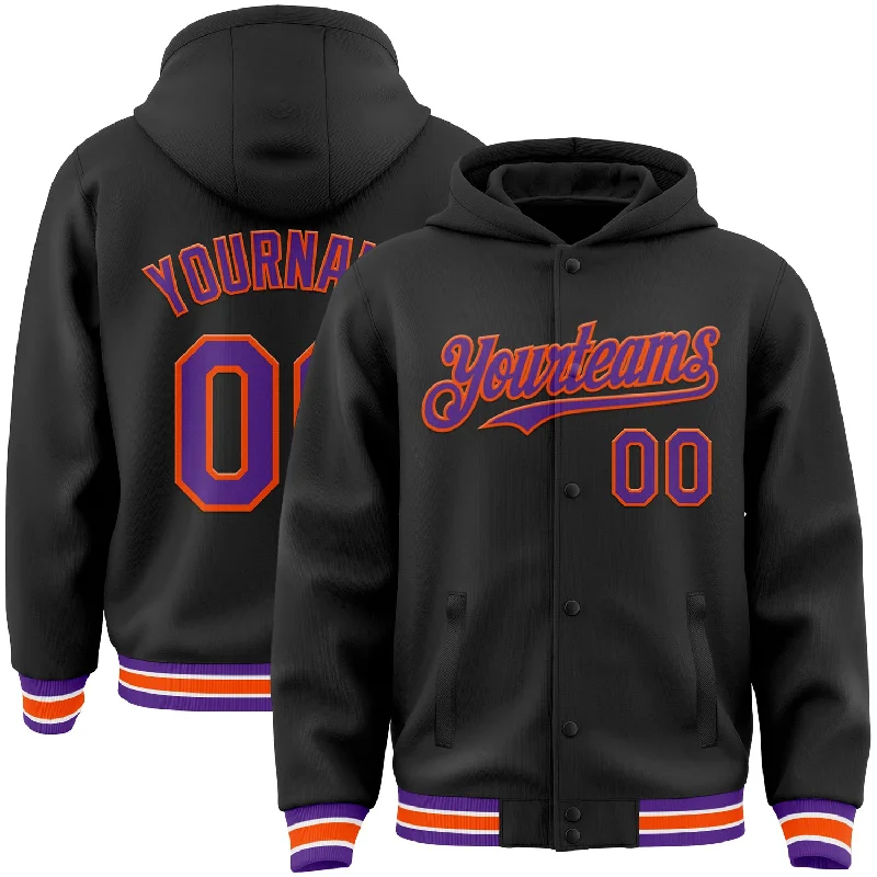 Fishing rod holder mount-Custom Black Purple-Orange Bomber Full-Snap Varsity Letterman Hoodie Jacket