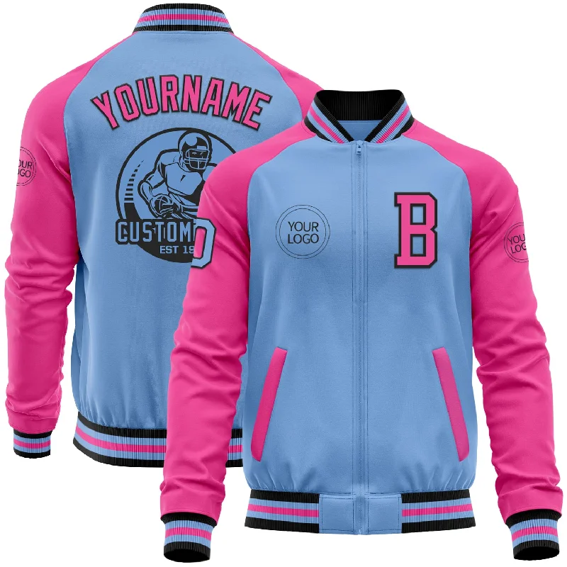 Fishing tackle compartment rack-Custom Light Blue Black-Pink Bomber Varsity Letterman Two Tone Zipper Jacket