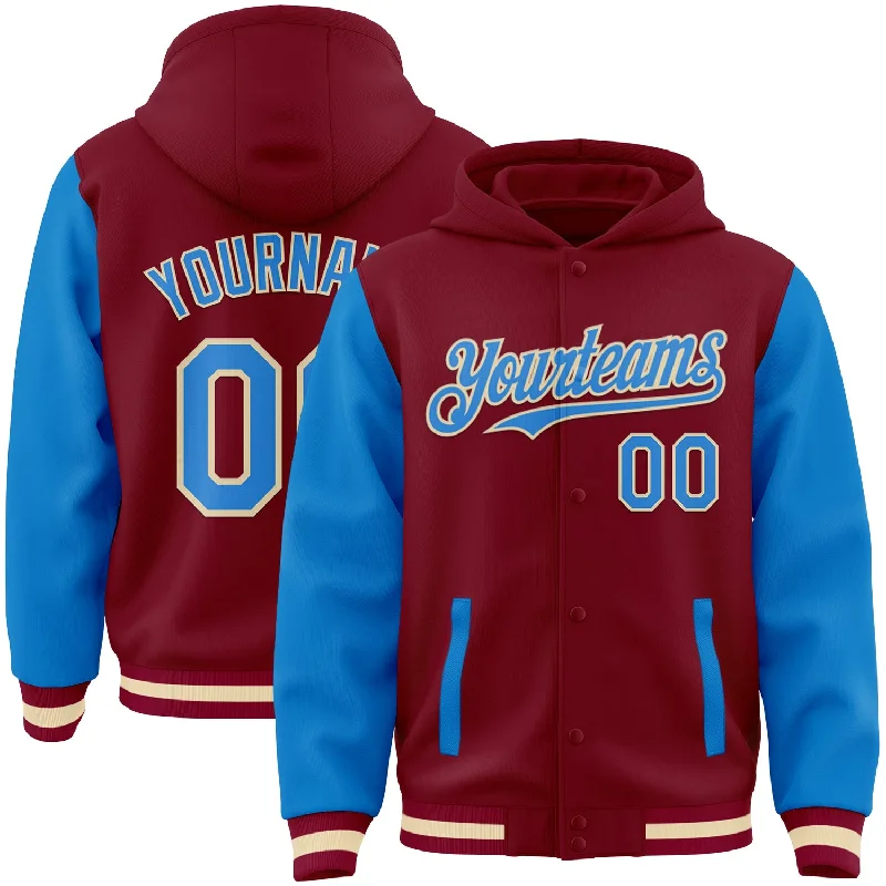 Fishing bait threading accessory-Custom Crimson Powder Blue Cream-Maroon Bomber Full-Snap Varsity Letterman Two Tone Hoodie Jacket