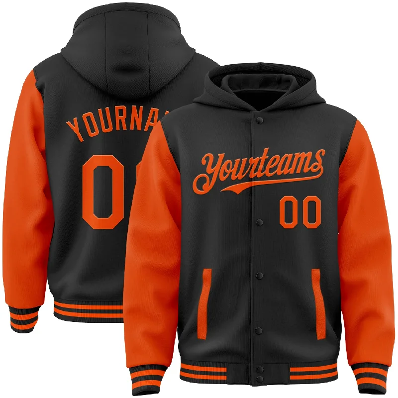 Fishing line winding device-Custom Black Orange Bomber Full-Snap Varsity Letterman Two Tone Hoodie Jacket