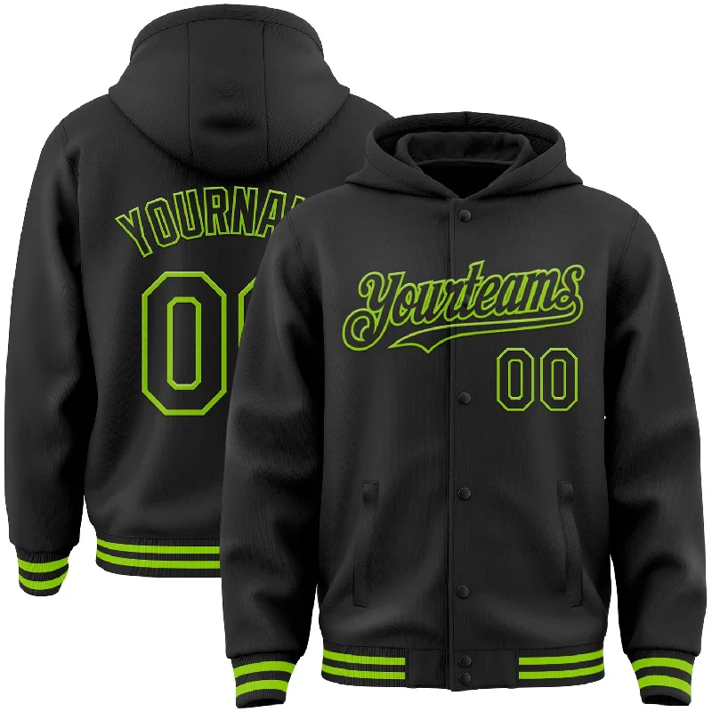 Fishing tackle stacking tray-Custom Black Neon Green Bomber Full-Snap Varsity Letterman Hoodie Jacket