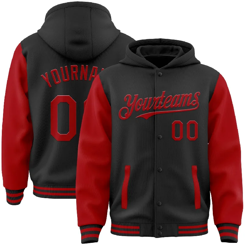 Fishing rod holder adjustable-Custom Black Red Bomber Full-Snap Varsity Letterman Two Tone Hoodie Jacket