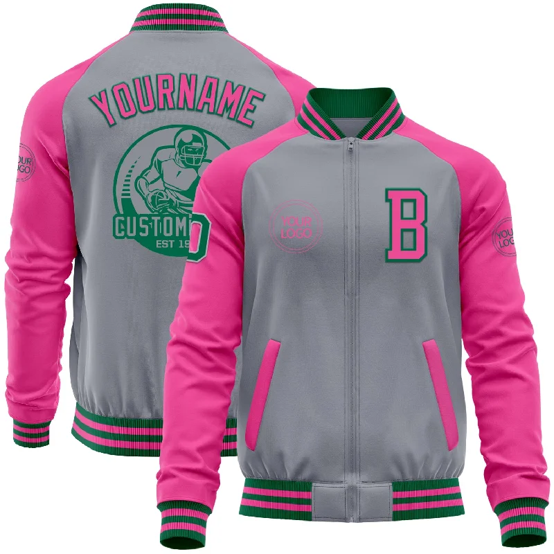 Fishing line coiler-Custom Gray Kelly Green-Pink Bomber Varsity Letterman Two Tone Zipper Jacket