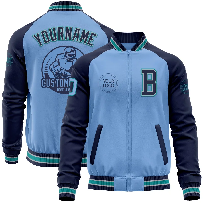 Fishing line coiler device-Custom Light Blue Teal Navy-Gray Bomber Varsity Letterman Two Tone Zipper Jacket