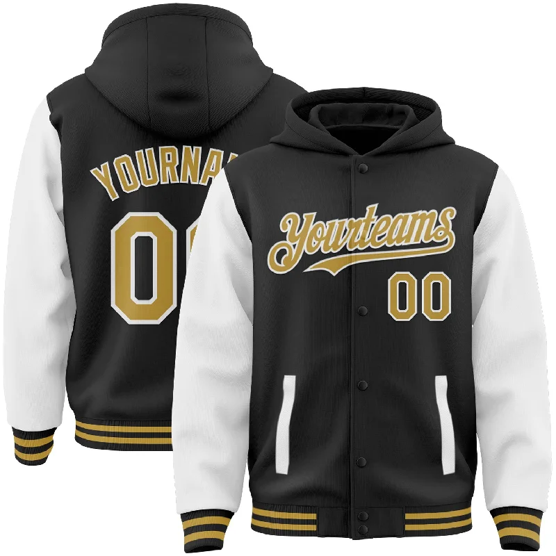 Fishing rod travel protector-Custom Black Old Gold-White Bomber Full-Snap Varsity Letterman Two Tone Hoodie Jacket