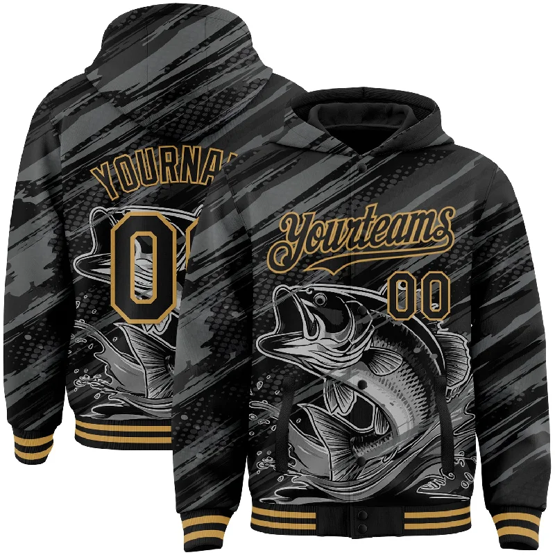 Fishing reel cleaning tool-Custom Black Old Gold Largemouth Bass Fish Fishing 3D Bomber Full-Snap Varsity Letterman Hoodie Jacket