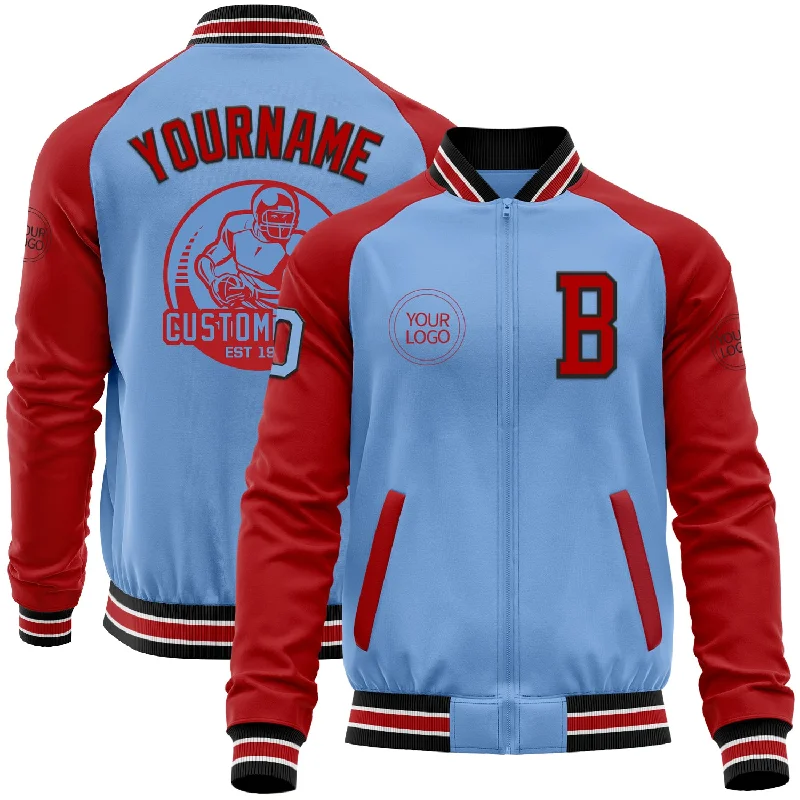 Fishing reel travel case-Custom Light Blue Black-Red Bomber Varsity Letterman Two Tone Zipper Jacket