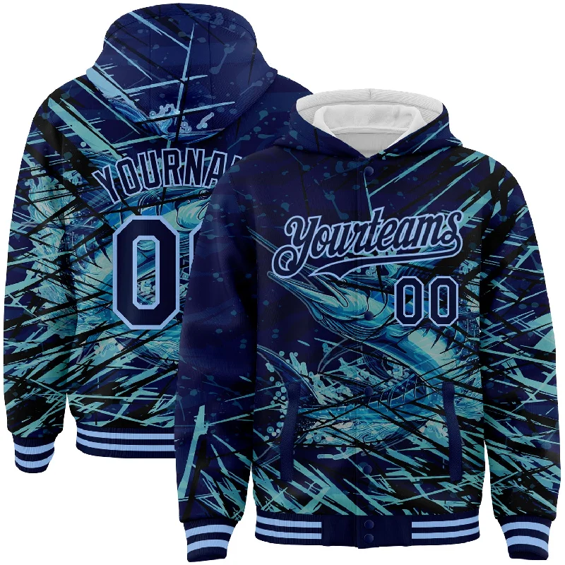 Fishing rod stand-Custom Navy Light Blue Marlin Fish Fishing 3D Bomber Full-Snap Varsity Letterman Hoodie Jacket