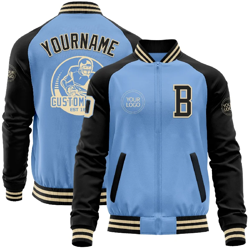 Fishing hook grinding device-Custom Light Blue Cream-Black Bomber Varsity Letterman Two Tone Zipper Jacket