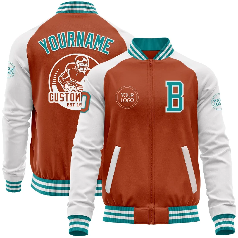 Fishing tackle transport bag-Custom Texas Orange Teal-White Bomber Varsity Letterman Two Tone Zipper Jacket