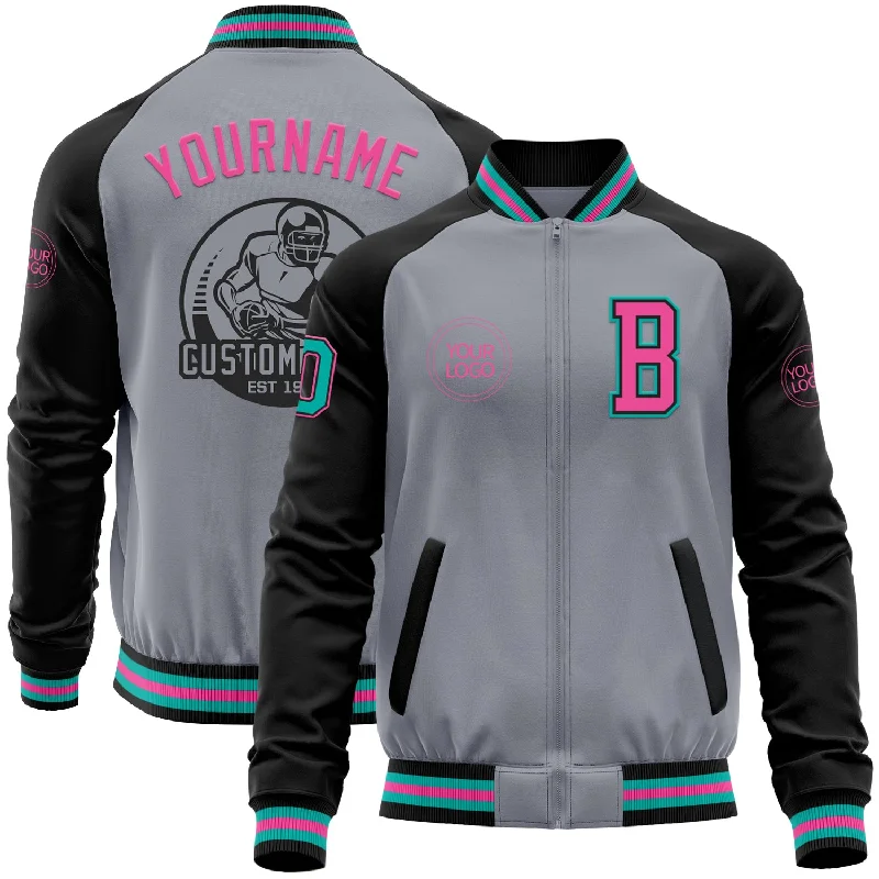 Fishing tackle container-Custom Gray Aqua Black-Pink Bomber Varsity Letterman Two Tone Zipper Jacket