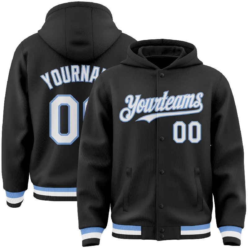 Fishing tackle tower-Custom Black White-Light Blue Bomber Full-Snap Varsity Letterman Hoodie Jacket