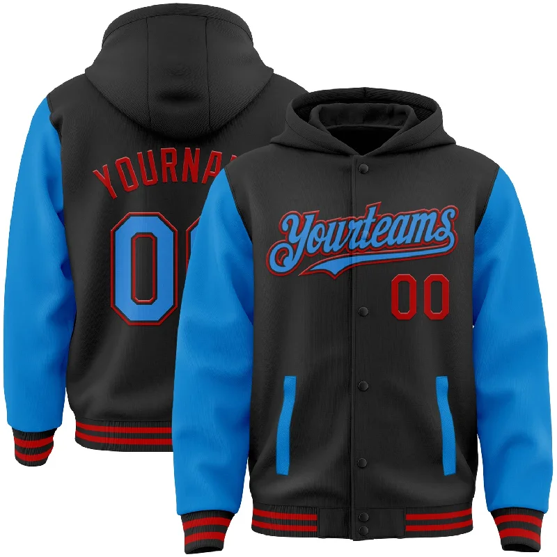 Fishing bait scooping tool-Custom Black Powder Blue-Red Bomber Full-Snap Varsity Letterman Two Tone Hoodie Jacket