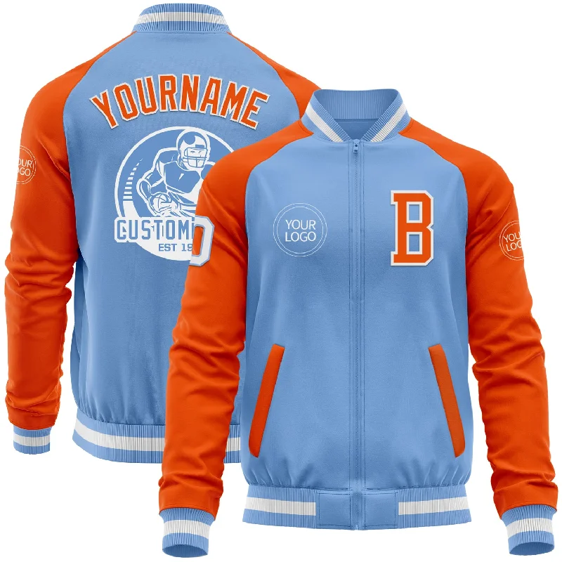 Fishing line spooler adjustable-Custom Light Blue White-Orange Bomber Varsity Letterman Two Tone Zipper Jacket