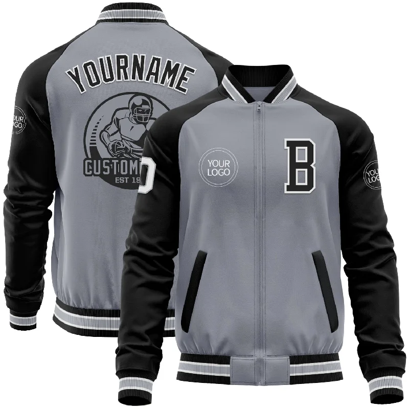 Fishing hook sharpening kit-Custom Gray White-Black Bomber Varsity Letterman Two Tone Zipper Jacket