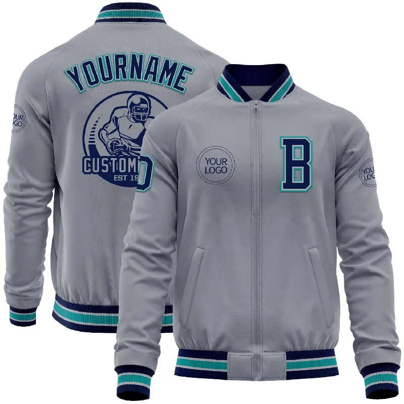 Fishing line coiling tool-Custom Gray Navy-Teal Bomber Varsity Letterman Zipper Jacket