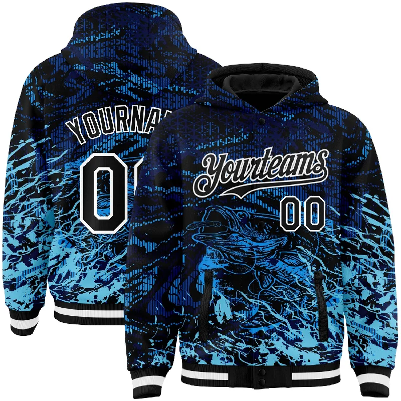 Fishing reel wrench-Custom Navy Black-Light Blue Tuna Fish Fishing 3D Bomber Full-Snap Varsity Letterman Hoodie Jacket