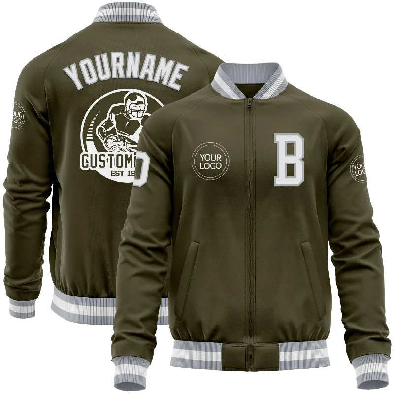 Fishing hook honing stone-Custom Olive White-Gray Bomber Varsity Letterman Salute To Service Zipper Jacket