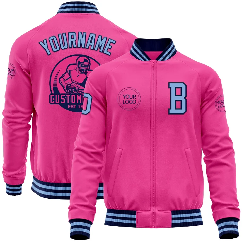 Fishing tackle rack system-Custom Pink Light Blue-Navy Bomber Varsity Letterman Zipper Jacket