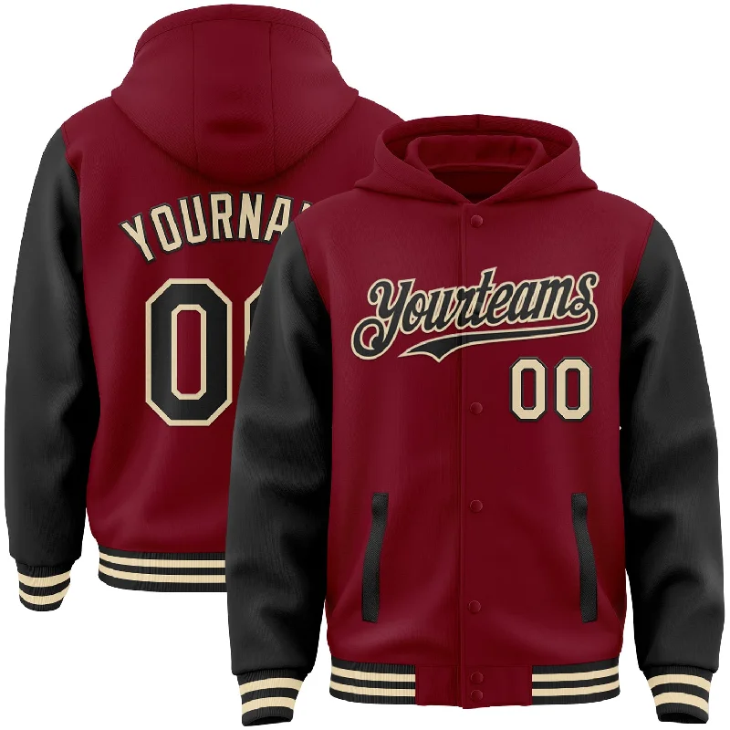 Fishing line tensioner-Custom Crimson Black-Cream Bomber Full-Snap Varsity Letterman Two Tone Hoodie Jacket