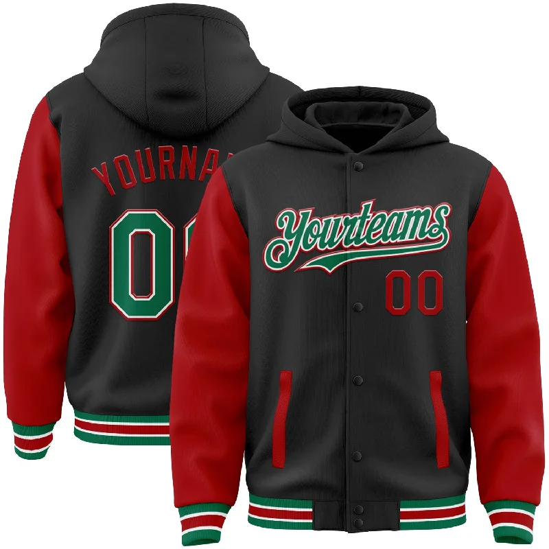 Fishing line knot tying device-Custom Black Kelly Green-Red Bomber Full-Snap Varsity Letterman Two Tone Hoodie Jacket